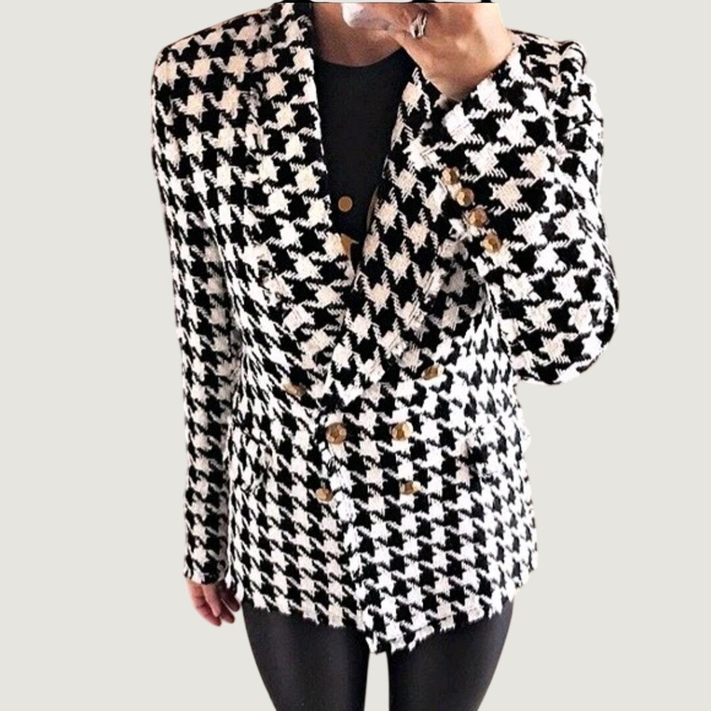 Zara Womens Houndstooth Double Breasted Blazer Gold Button Tweed Jacket XS Black